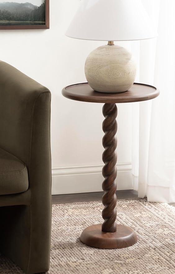 Kate and Laurel Willoughby Modern Wooden Spiraled Round Side Table, 15 x 15 x 24, Walnut Brown, Accent Pedestal End Table with Turned Base for Use as Indoor Plant Stand or Bedroom Nightstand Option