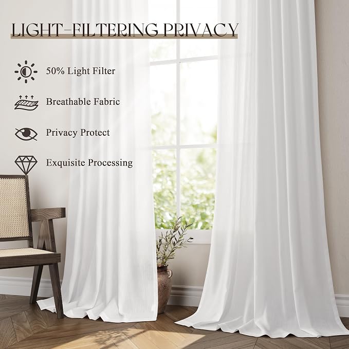 Jowels White Linen Curtains 60 Inch Long 2 Panels for Living Room | Light Filtering Semi Sheer Curtain, Back Tab Pocket Pleated Look, Boho Farmhouse Textured Privacy Drapes for Bedroom Window