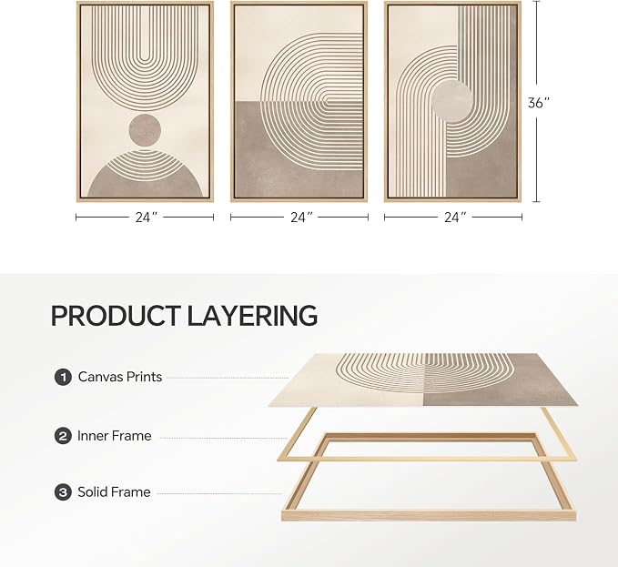 Large Framed Neutral Modern Wall Art for Living Room, 3 Piece Minimalist Boho Abstract Canvas Artwork for Walls, Mid Century Geometric Paintings Prints for Hallway Dining Room Wall Decor, 24x36 Inch