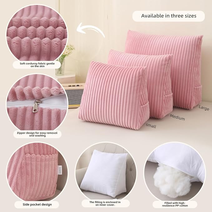 Corduroy Wedge Reading Pillow for Bed, 3 Sizes, 4 Colors for Bed, Sofa, Office Chair (Pink, Small 16 * 14 * 7in)