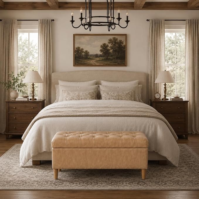 HomePop 40" Button Tufted Storage Bench with Cone Wood Legs - Sand Faux Leather