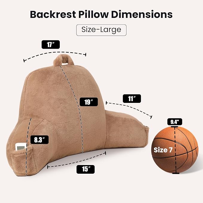Large Plush Backrest Pillow for Sitting in Bed,Faux Fur,Khaki | 19" Back Pillow with Arms Supports Adults,College Students,Elbows & Forearms for Dorm Reading,Gaming,Watching TV