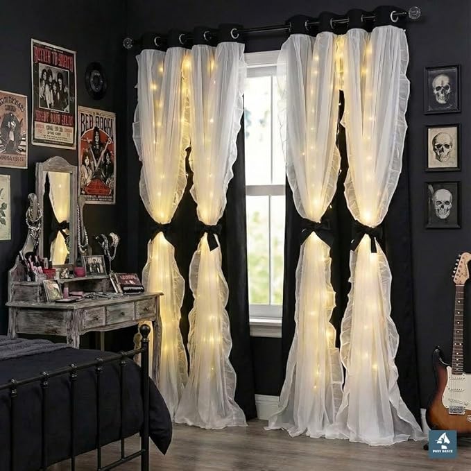 PONY DANCE Girls Curtains for Bedroom Decorative Drapes for Kids Double Layer Curtain Ruffle Sheer Overlay Room Darkening Pretty Chic Princess, 52x84 inch, Black, 2 PCs