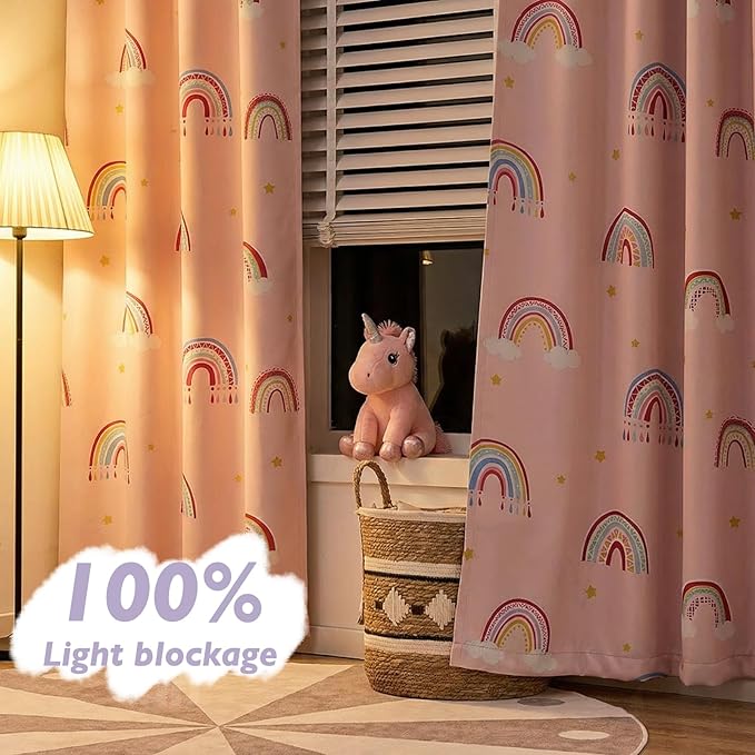 Vangao Blackout Curtains for Kids Bedroom Rainbow Pink Nursery Curtains 63 Inch Length Short Drapes for Teen Girls Thermal Insulated Room Darkening Boho Light Blocking for Living Room Set of 2
