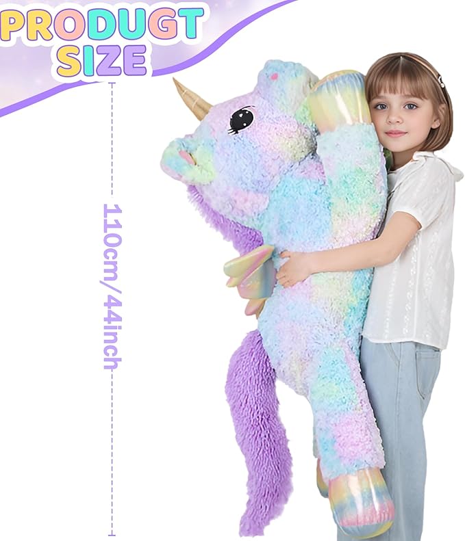 FFxiong 44 Inch Giant Rose Rainbow Unicorn Stuffed Animal Plush Toy with Wings Soft Cute Large Unicorn Plushies Animals Body Pillow Gift for Children Boy Girl Kids Birthday Valentine Room Decorations