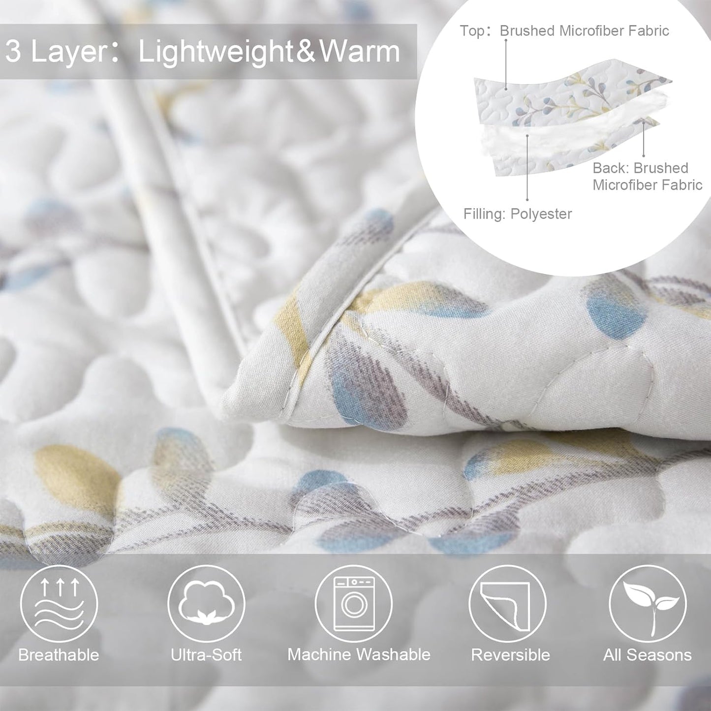 Exclusivo Mezcla Reversible Boho Quilt Set Queen Size, 3 Pieces Flowers White All Season Bedspreads, Ultra Soft Floral Coverlet Bedding Set with Printed Pattern (1 Quilt, 2 Pillow Shams)