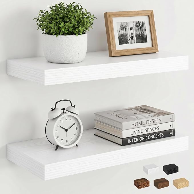 Dreamland White Floating Shelves, Wall Mounted Shelves for Storage and Home Decor, Rustic Wood Shelves for Bathroom, Living Room, Bedroom and Kitchen, 16" x 6.7" Set of 2