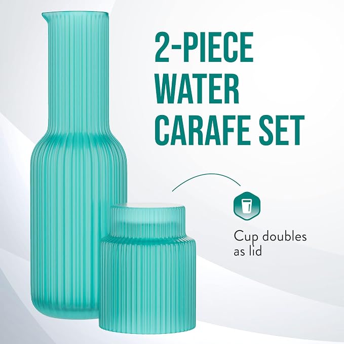 American Atelier 30 oz Ribbed Glass Water Carafe Set with Tumbler, Set of 2 – 10" Easy Pour Spout, Cup for Office, Kitchen & Bedside Use, Stylish and Functional Drinkware (Aqua Blue)