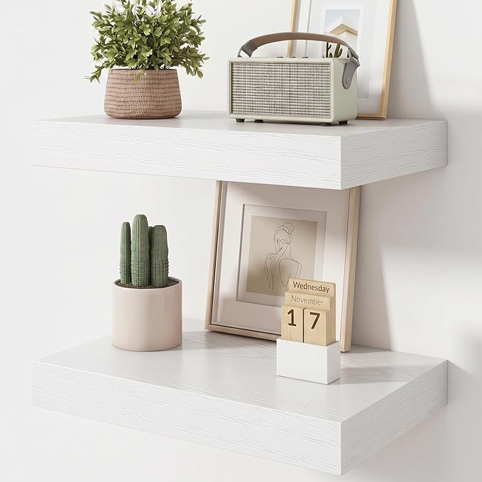 FLYJOE 20 Inch Floating Shelves, 12 Inch Deep Floating Shelves Set of 2, 20''W x 12''D White Wood Shelves for Wall, Bathroom Available, Engineered Wood, Mounting Hardware Included