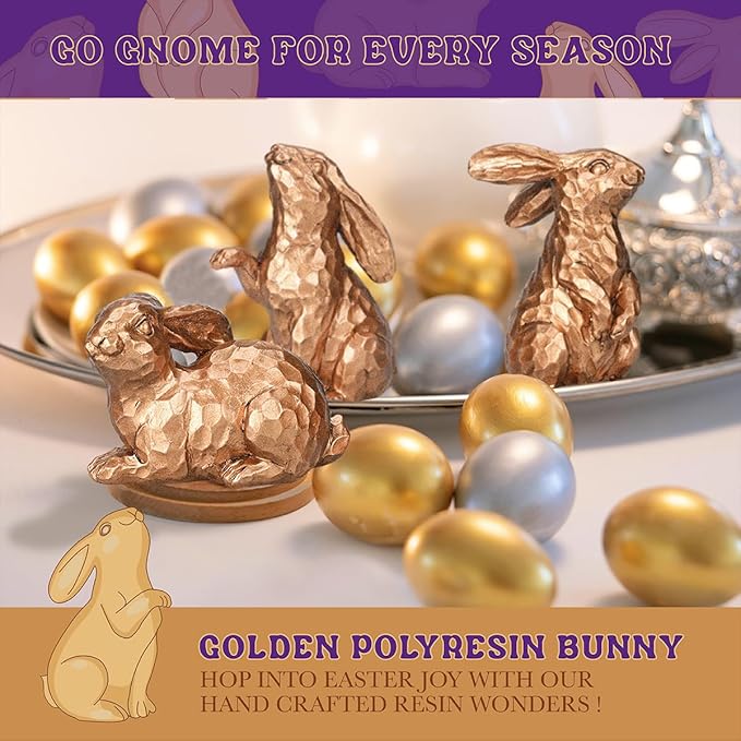 GoGnome Set of 3 Rosy Bronze Easter Decorations Resin Bunny Figurines – Easter Decorations for Home, Elegant Rabbit Decor for Table, Shelf, Mantel (Gold)