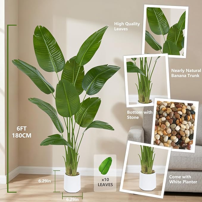 2 Pack Bird of Paradise Artificial Tree, 6Ft Tall Faux Plant, Fake Banana Leaf Plant Indoor, Faux Palm Tree Faux Floor Plants Tropical Tree in Pot, Present for Friend Housewarming Decor