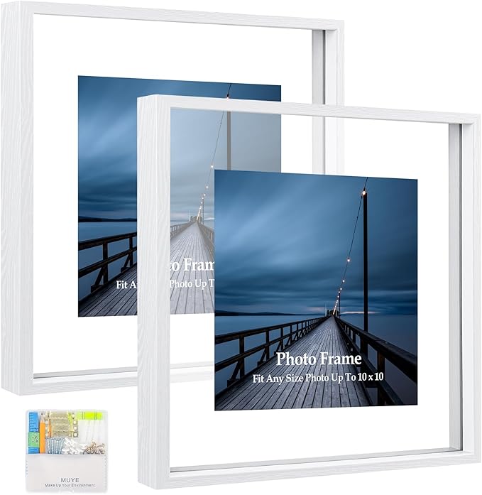 MUYE 10x10 Floating Frame Set of 2,Double Real Glass Square Photo Frame,Display Any Size Photo up to 10x10,Wall Mount or Tabletop Standing,White