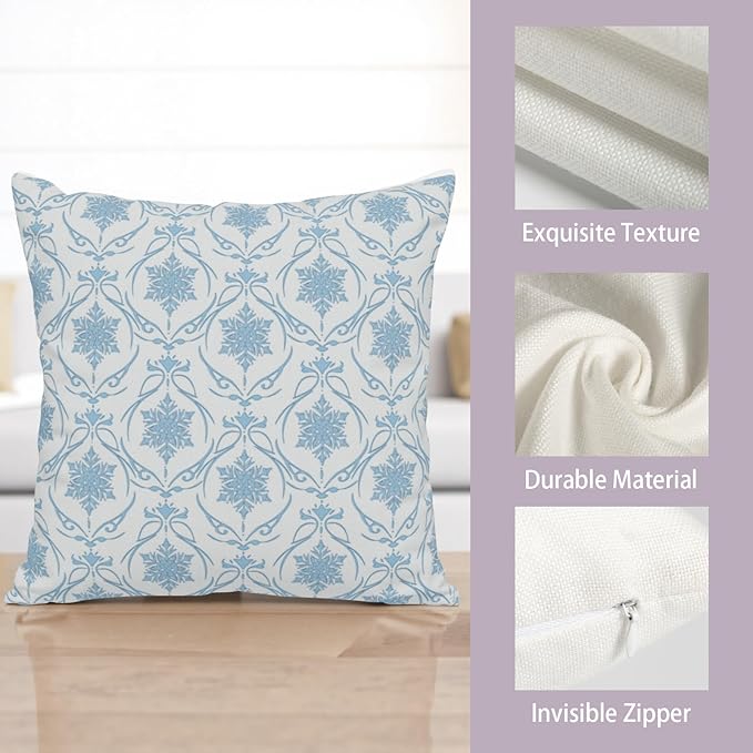 Winter Snowflakes Pillow Covers Blue Block Print Throw Pillow Covers Vintage Neutral Pillowcase 22x22 Set of 2 Elegant French Cushion Case for Living Room Couch Sofa