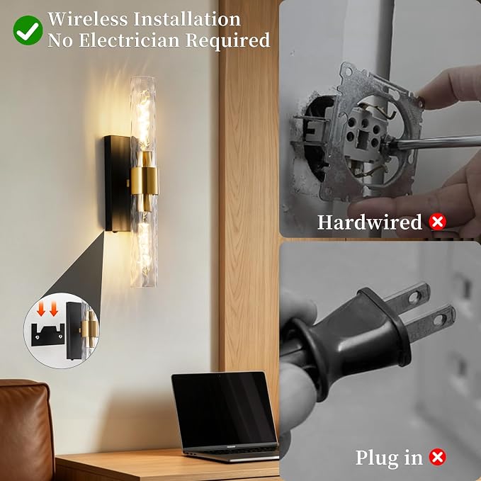 Rechargeable Wall Sconce Set of 2, Battery Operated Wall Sconce, Wireless Wall Lamp with Water Ripples Glass Tube, Non-Hardwired Wall Sconces, Modern Vanity Light Fixtures for Bedroom, Hallway, Aisle
