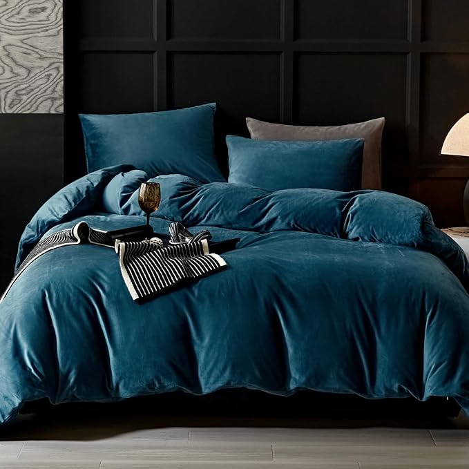 WARMDERN Blue Flanne Velvet Duvet Cover Queen Sizel Duvet Cover Bedding Sets, 3pcs Ultra Soft Luxury Textured Modern Crystal Velvet Duvet Covers with Zipper Closure(Blue, Queen)