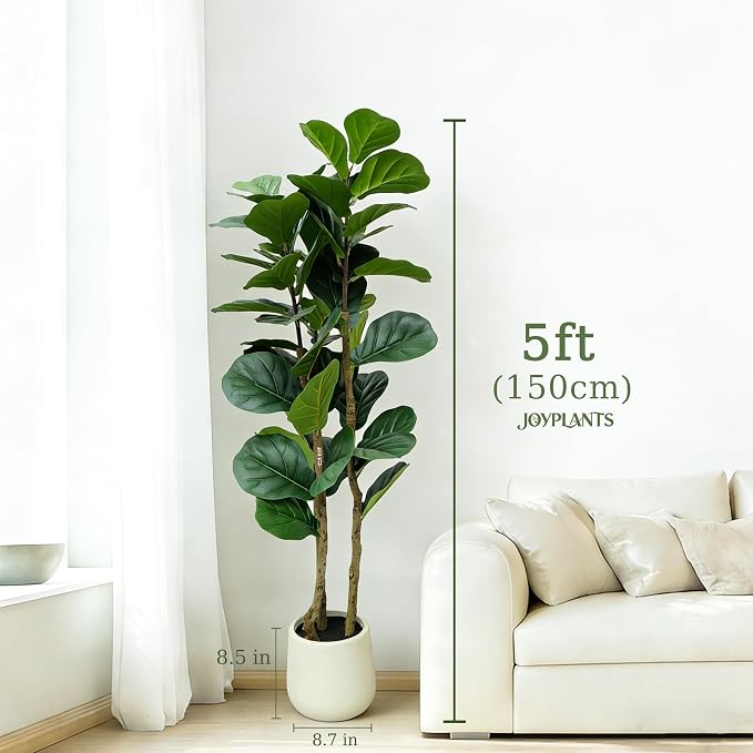 5ft Fake Fiddle Leaf Fig Tree, Realistic Fake Plants with Natural-Looking Trunk, Evergreen Faux Plants Indoor for Home & Office Decor（3 Poles, White Pot）
