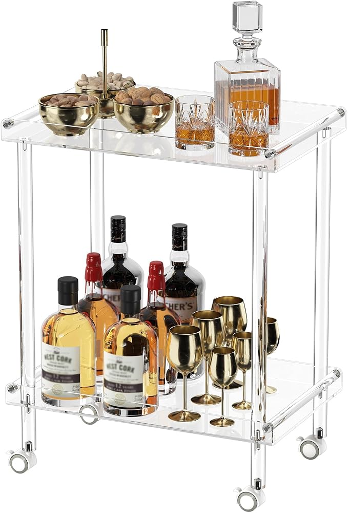 HMYHUM Acrylic Bar Cart, Rolling Serving Cart with 4 Lockable Wheels for the Home Bar, Kitchen, Living Room, Modern, 2-Tier, 23.6" L x 15" W x 30" H, Clear