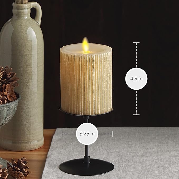 Luminara Flameless LED Candle (3.25x4.5) with Embossed Metallic Furrow, Moving Flame LED Pillar, Real Wax with Recessed Edge, Battery Operated - Pearl Ivory