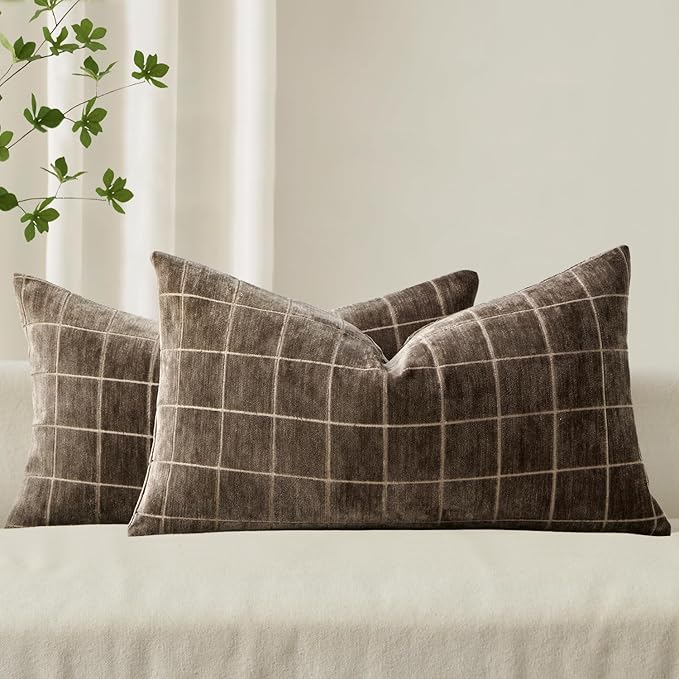 MIULEE Decorative Chenille Check Lumbar Throw Pillow Covers Vintage Plaid Couch Pillows 12x20 Inch Set of 2 Neutral Boho Farmhouse Cushion Covers Modern Home Decor for Sofa Bed Living Room Brown