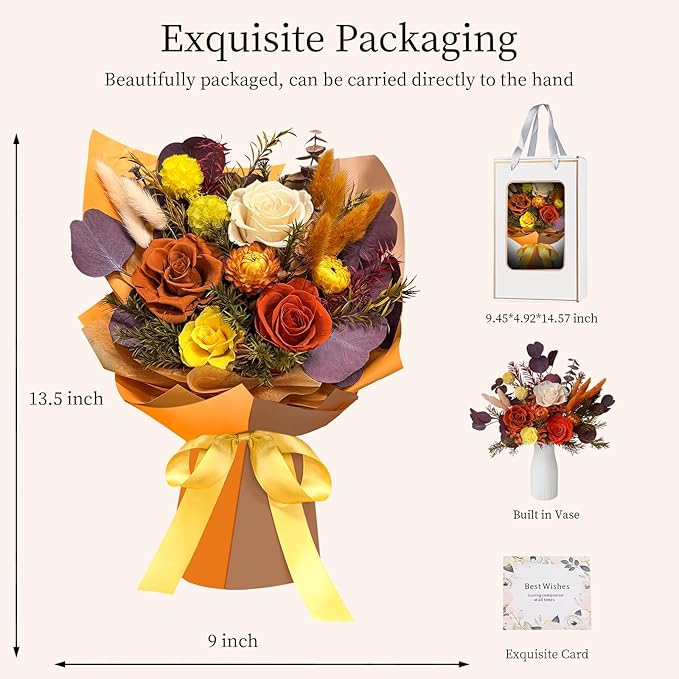 FNCHAI Flowers for Delivery, Vibrant Orange Preserved Flowers Bouquet with Greeting Card, Ideal for Birthday, Friend Gatherings, Corporate Events, Thanksgiving Surprises(Orange)