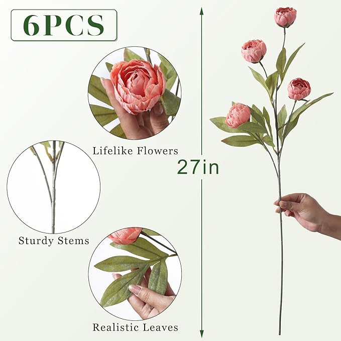 VIERENA 6 Pcs Faux Silk Peony Artificial Flowers for Vase -27", Bulk Fake Peonies Branches with Stems for DIY Bouquet Centerpieces Wedding Fillers Arrangements Shower Decorations (Dusty Pink)