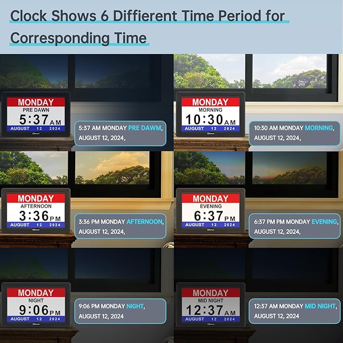 Soobest Dementia Digital Clock for Seniors Elderly, 20 Alarm Reminders 3 Ringtones for Memory Loss Alzheimers, Electric Time Date Day Large Display Calendar Clock, Auto DST, 1024 * 600P HD