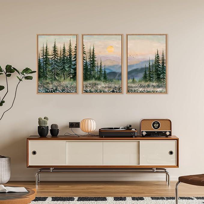 DRACIT Boho Sunset Forest Framed Canvas Wall Art Set,Natural Green Pine Tree Wall Decor,Modern Watercolor Mountain Landscape Artwork for Living Room,Bedroom,Office-16 x24 x3