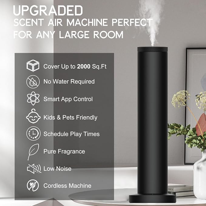 2026 Upgraded Cordless Rechargeable Diffuser - Hotel Scent Diffuser for Whole House- Scent Air Machine -App Bluetooth Control - Waterless Essential Oil Diffuser for Large Room, Studio Office - Black