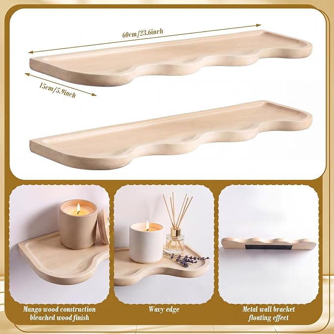 Pinkunn 2 Pcs Natural Wood Floating Shelves for Wall 24 Inch Wooden Wave Live Edge Floating Shelves Modern Scalloped Mounted Shelf Farmhouse Wall Decor for Home Living Room Bedroom Kitchen Decor