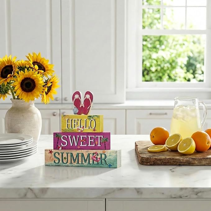 Smile 4 Pcs Summer Indoor Wooden Decor, Beach Flip Flop Hello Sweet Summer Tiered Tray Farmhouse Table Decoration for Home and Office