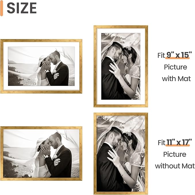upsimples 11x17 Picture Frame, Display Pictures 9x15 with Mat or 11 x 17 Without, Wall Hanging Poster Frames, Bronze, 1 Pack