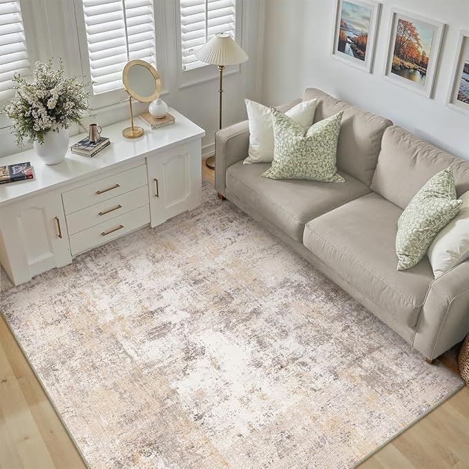 4x6 Washable Area Rug Beige Grey Abstract Non Slip Soft Low Pile Rug for Entryway Kitchen Bathroom Neutral Modern Throw Carpet for Living Room Bedroom Home Decor