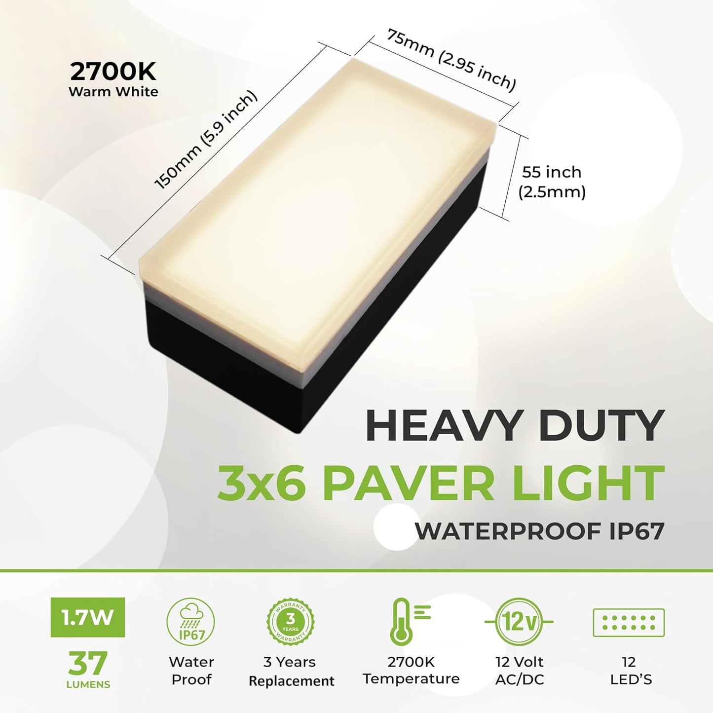 LUMENGY Paver Light 3×6 Inch (2.95 X 5.9), Warm White Glare-Free Illumination for Driveways, Pathways, Pool Deck & Patios, 12V AC/DC, Waterproof & Drive-Over Rated