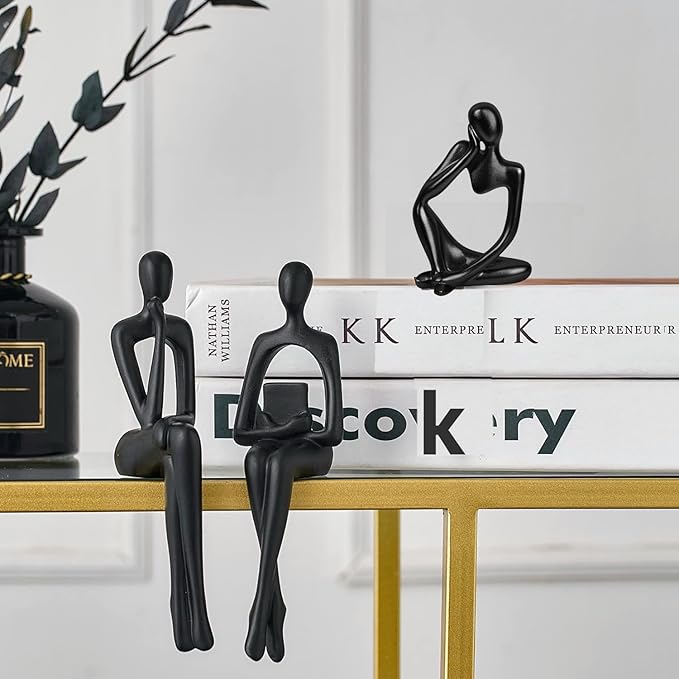 Prettidecor Home Decor Thinker Statue Accents, Set of 3 Thinker Sculptures Office Decor Modern Abstract Resin Decoration on Shelf Table Desk for Living Room Office Bedroom (Small Black)