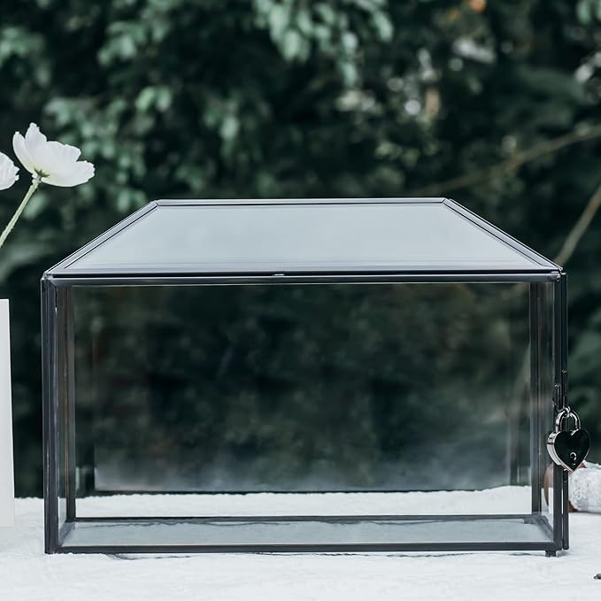 NCYP 12.6" x 5.9" x 9" Wedding Glass Card Box with Slot and Lock for Wishing Well, Keepsake, Envelope - Birthday Party Reception Decor, Black (Glass Box Only) Slot Length 7.3 Inches