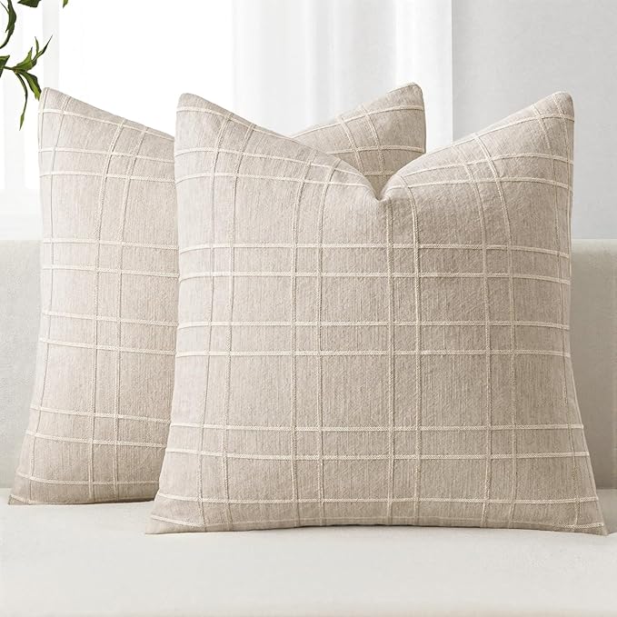 MIULEE Decorative Linen Check Throw Pillow Covers Neutral Farmhouse Vintage Pillow Covers 20x20 Set of 2 Boho Modern Home Decor for Sofa Couch Bedroom Cushion Natural Beige