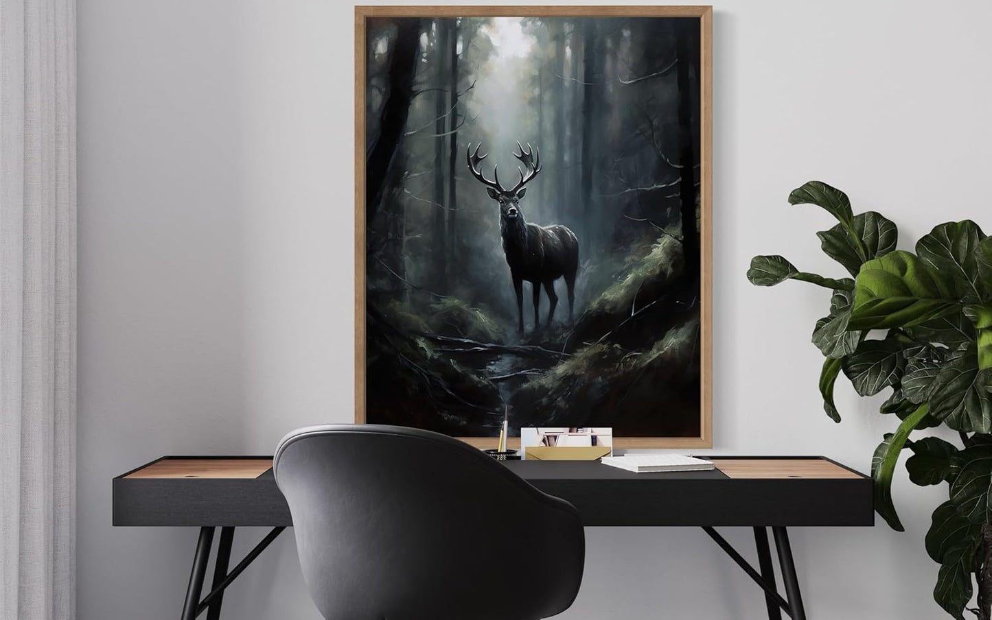 Deer in Forest Poster Art Print, Halloween Scary Vintage Wall Art Academia Spooky Painting Decoration for Horror Prints, Gothic Posters Bedroom Decor 89 (Deer in Forest, 8 x 10 inches, Wood Frame)