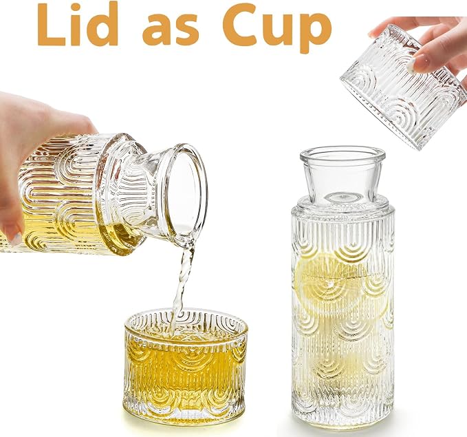 Coloch 4Pcs Bedside Glass Carafe Set With Tumbler, 21 Oz Glass Water Pitcher with 6 Oz Cup as Lid Vintage Mouthwash Dispenser Nightstand Carafe and Cup for Midnight Drink Set, for Bedroom, Bathroom