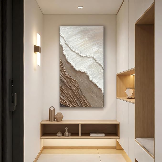 Kabcod 3D Textured Sand Beach Waves Wall Art Large Size White Brown Abstract Coastal Painting Artwork Ocean Wave Beach Landscape Oil Painting for Living Room Bedroom Decor 20X40in Ready To Hang