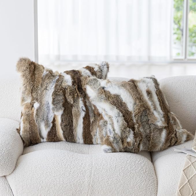 MOOX Rabbit Fur Pillow Covers Set of 2 Fur Throw Lumbar Decorative Pillow Fuzzy Soft Fluffy Genuine Animal Skin 18"x18" Sofa Couch Bed Cover, Couch-Yellow White