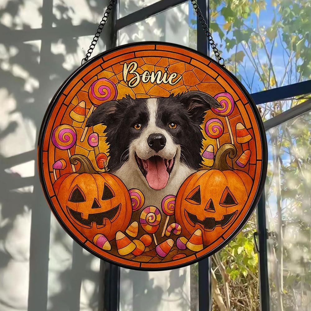 Personalized Halloween Dog Glass Window Hanging Ornament,Custom Pet Photo Ornament, Unique for Dog Lovers,Customized Pet Keepsake for Spooky Season, Fall Holiday Décor /5