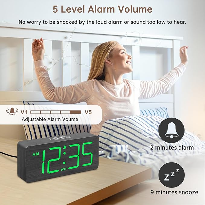 DreamSky Wooden Digital Alarm Clock for Bedroom - Desk Clock with Large Numbers for Living Room Office, Loud Alarm for Heavy Sleepers Adults, Volume Control, Dimmer, DST, Wood Decor (Plug in Clock)