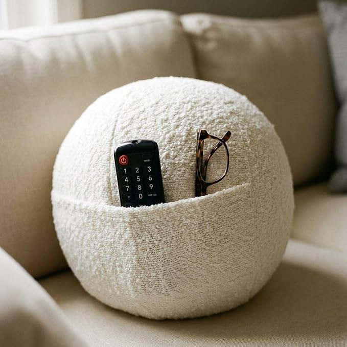 Orb Bouclé Sphere Pillow, 12 Inch Ergonomic Back & Arm Support, 600 GSM Textured Décor Throw Pillow with Hidden Pocket, White