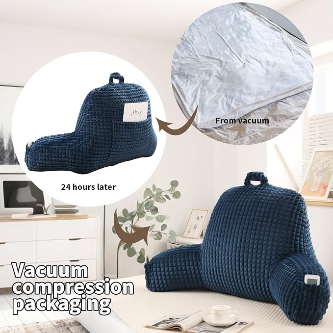 Reading Pillow with Arms for Sitting in Bed,Backrest,Blue Flannel,M | 17" Backrest with Arms Supports Back for College Students,Elbows & Forearms for Dorm Reading,Gaming,Watching TV