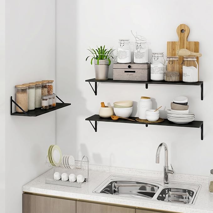 Vivelove Black Deep Floating Shelves for Wall, 48W x 8D Wood Wall Shelves Set of 2, Wide Floating Bookshelf for Living Room, Kitchen, Office, Bedroom and Decor Storage, with Metal Bracket - Black