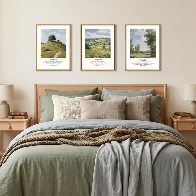 Christian Bible Framed Canvas Wall Art Set,Jesus Verse Vintage Wall Decor,Nature Scripture Landspaces Art Prints,Religious Artwork for Living Room,Dining Room,Farmhouse-12 x16 x3