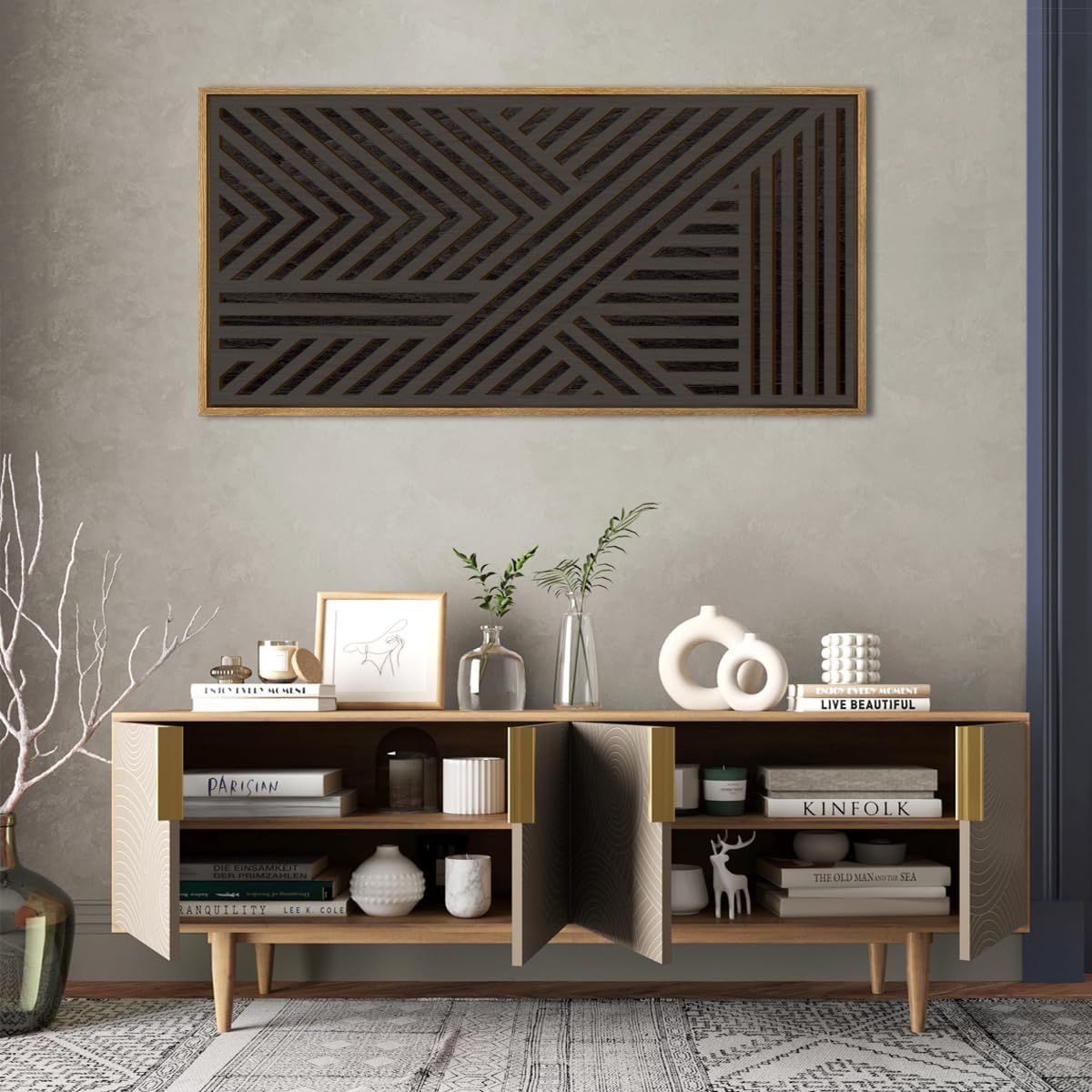 IARTTOP Large Black Framed Wood Wall Art for Living Room Abstract Modern Wooden Wall Decor Neutral Geometric Wall Sculpture Bedroom Office 20x40 Inch