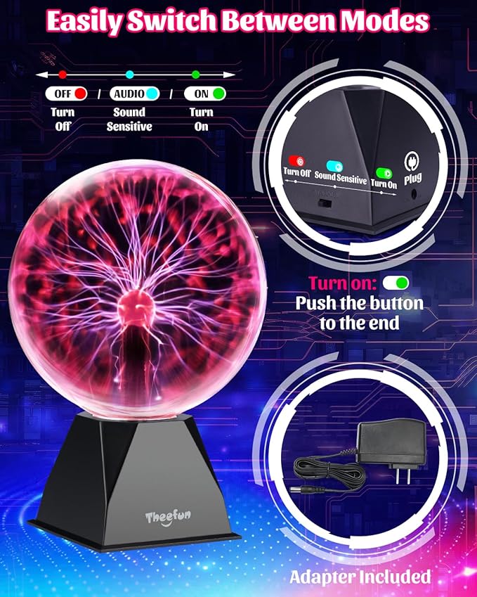 Theefun Plasma Ball: 8 Inch Huge Plasma Globe Birthday Gifts Touch & Sound Sensitive Ball Lamp Electric Lightning Novelty Light for Parties, Home, Prop, Room Decoration