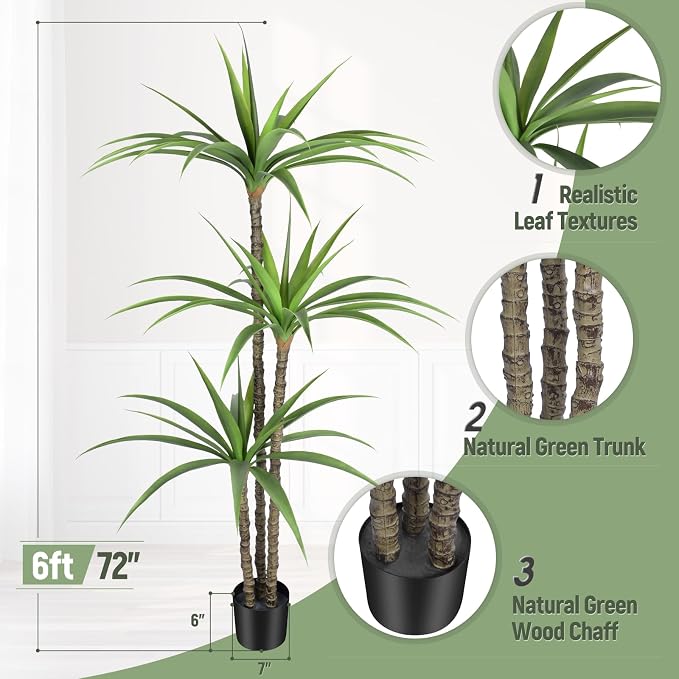 Artificial Tree 6ft Faux Agave Plant with 3 Heads in Pot Fake Tree for Home Decor Indoor or Outdoor Office Decoration,Farmhouse,Store Floor Decor Housewarming Gift(1 Pack)