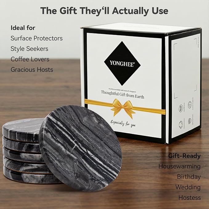 Black Marble Coasters Set of 6, Elegant Black & Dark Gray Coasters for Coffee Table, 4" Round Polished Black Stone Coaster with Unique Veins – Heat Resistant, Non-Slip, Housewarming Gift